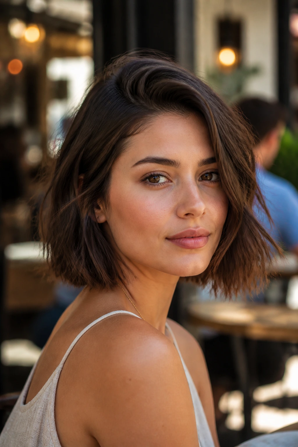 Portrait of a real woman with chin-length textured lob and off-center part outdoors