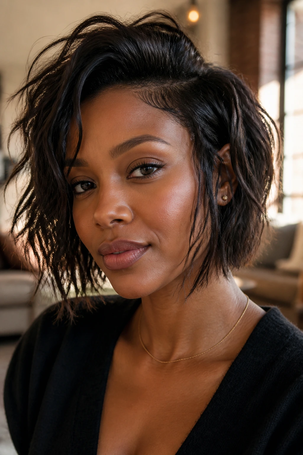 Close-up of a Black woman with a textured lob and tapered sides in natural light.