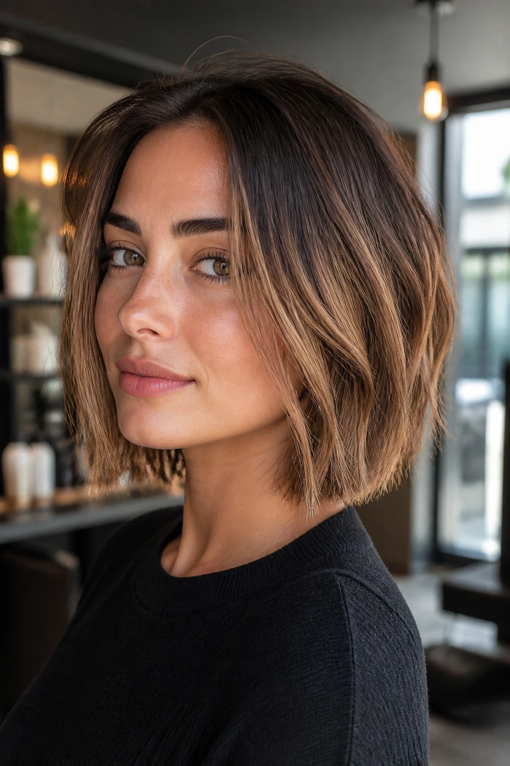 Close-up portrait of a real person with lob-to-bob transition haircut below jawline
