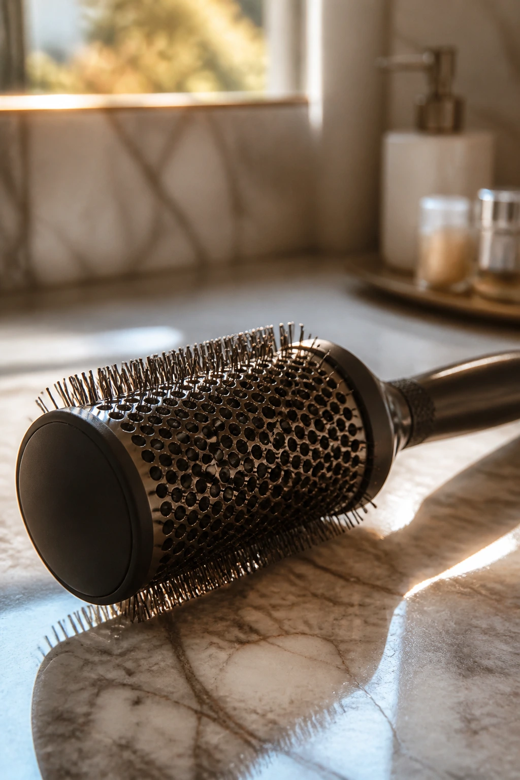 Close-up of a round hair styling brush on a marble counter with warm window light