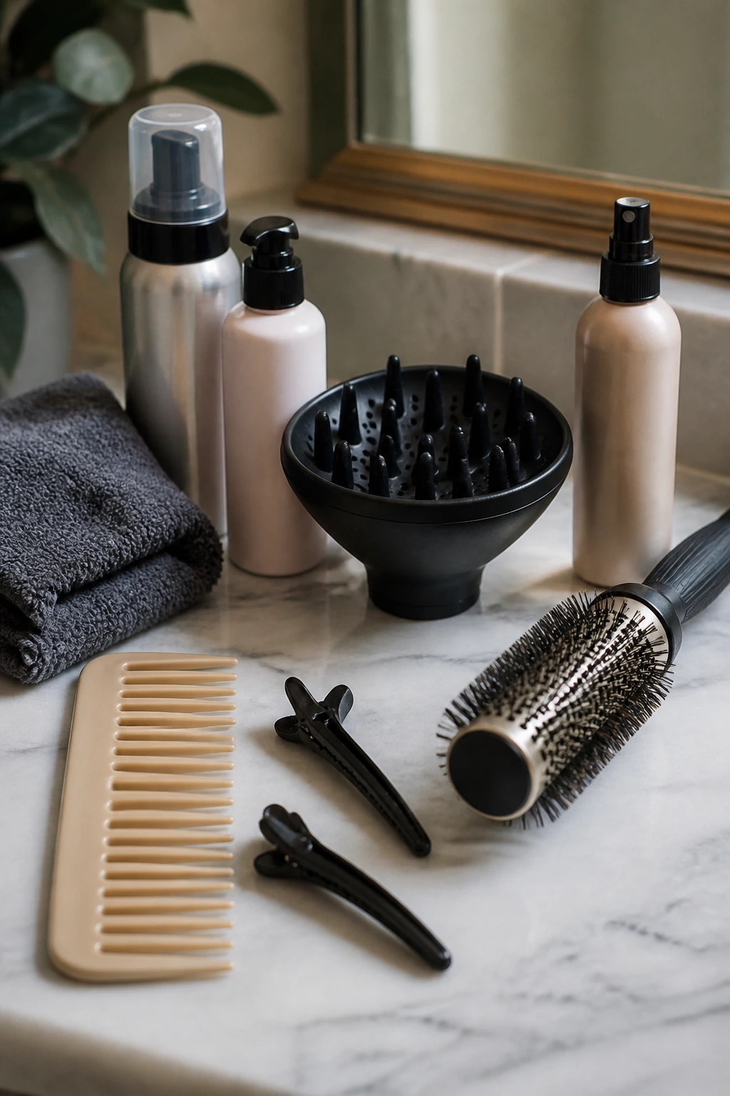 Arrangement of lob styling tools on a bathroom counter