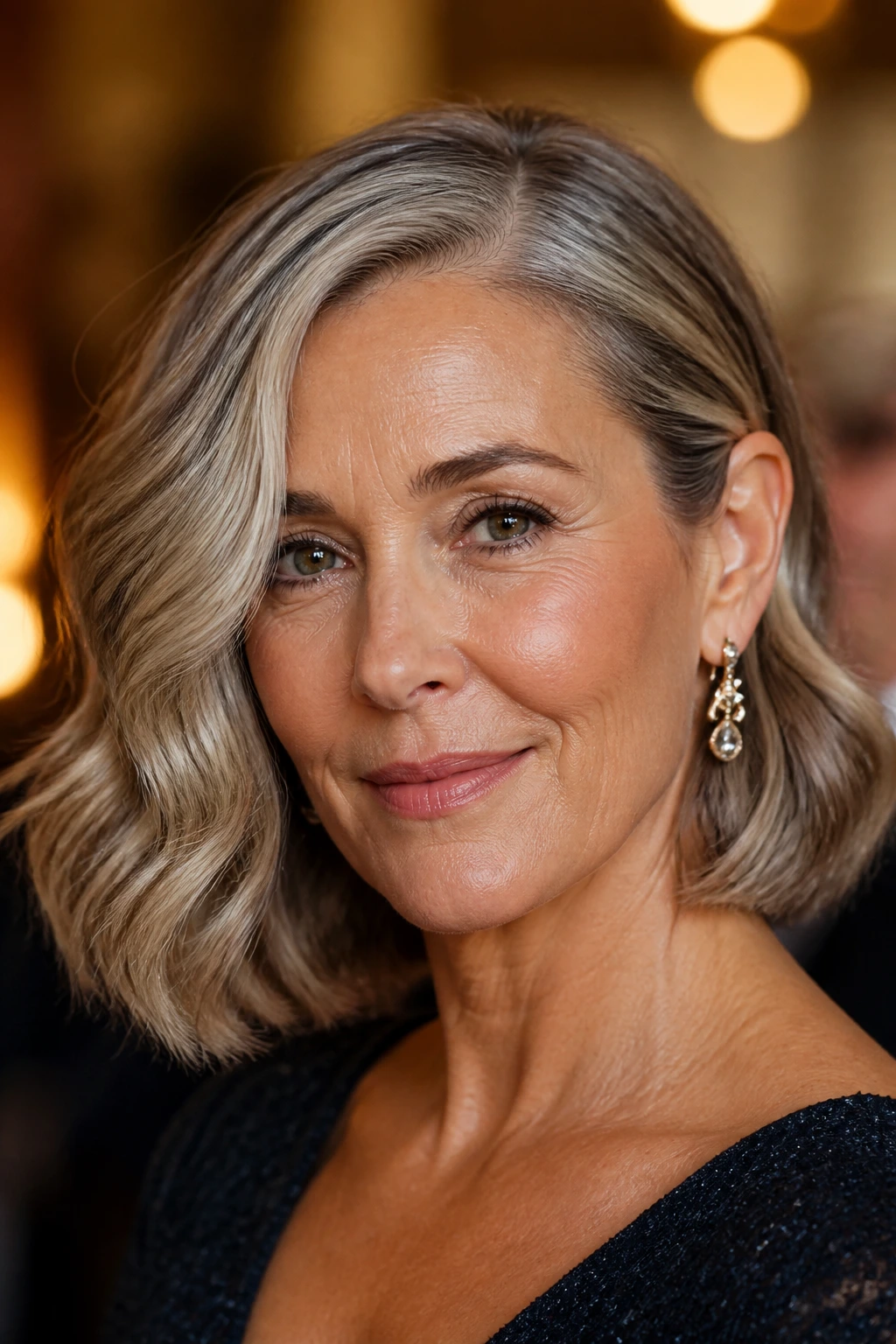 Close-up of a real woman with a lob tucked behind the ear