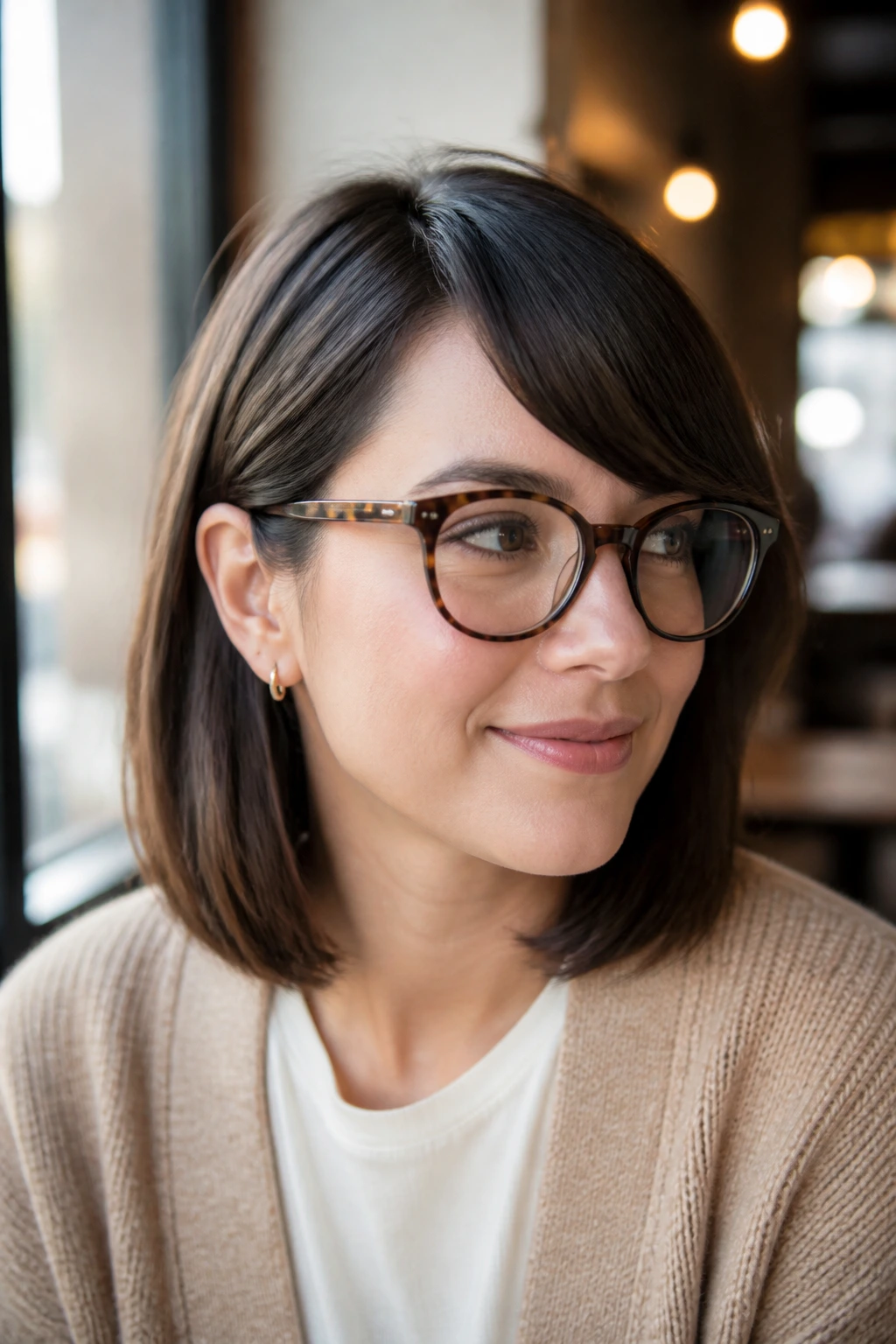 Real woman with shoulder-length lob tucked behind ear and side-swept bang at cafe window
