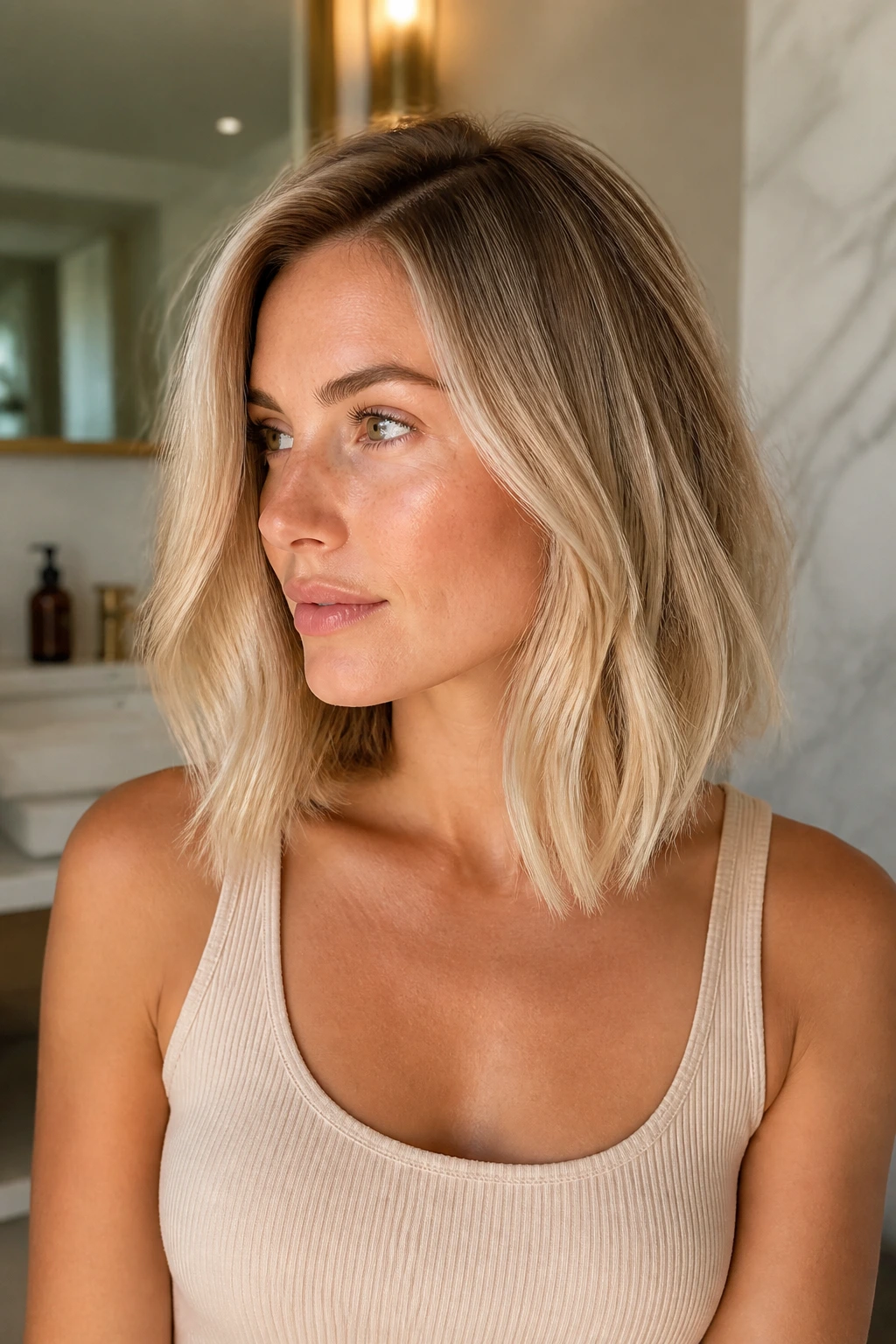 Portrait of a real woman with a blonde lob showing a subtle bend and side part