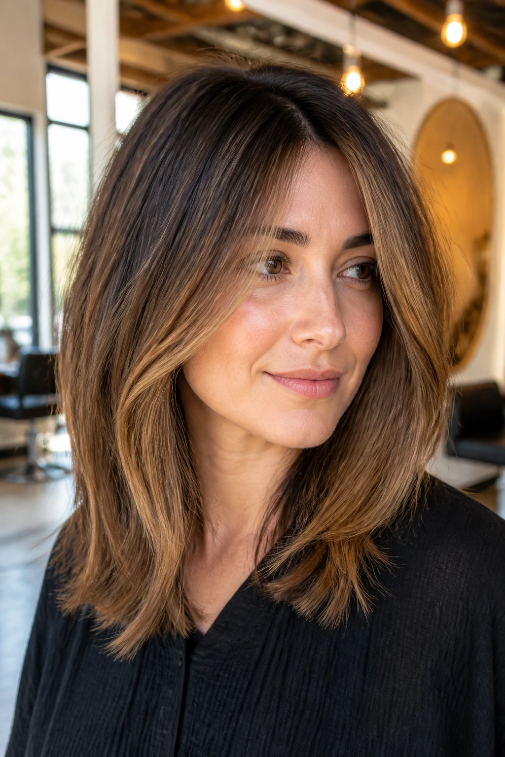 Portrait of a real woman illustrating long lob variations with strong perimeter and face-framing pieces in a salon