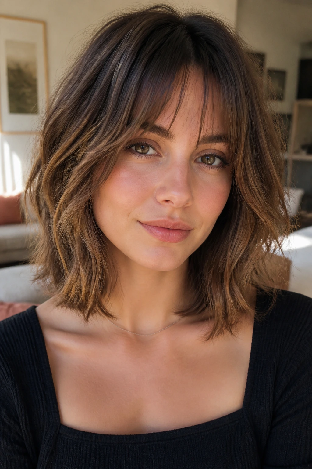 Portrait of a person with a collarbone-length lob showing soft layers and fringe