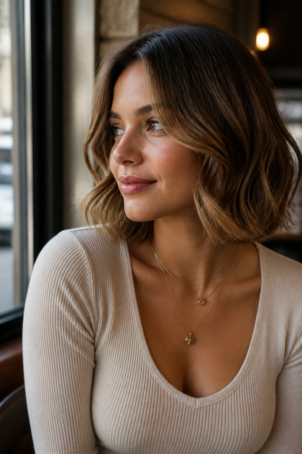 Portrait of a real person with lob haircut and soft waves