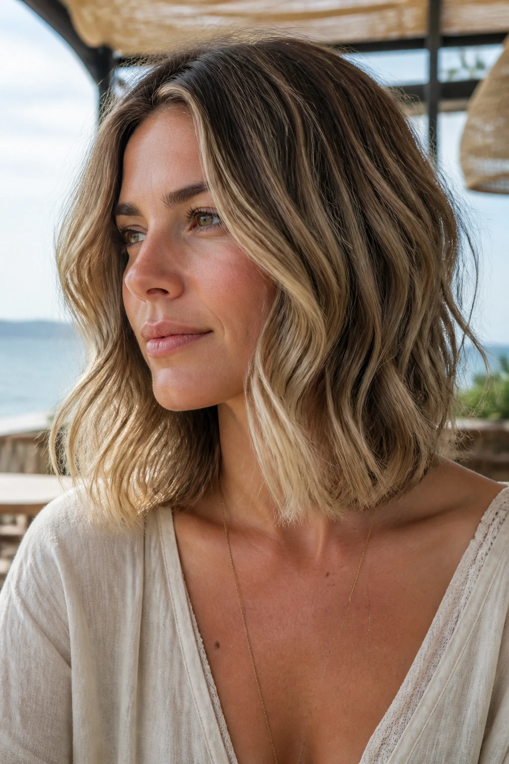 Portrait of real person with wavy lob grazing the collarbone.
