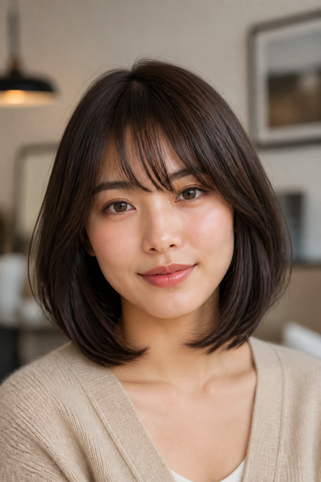 Real woman with lob with bangs and cheekbone-front fringe.