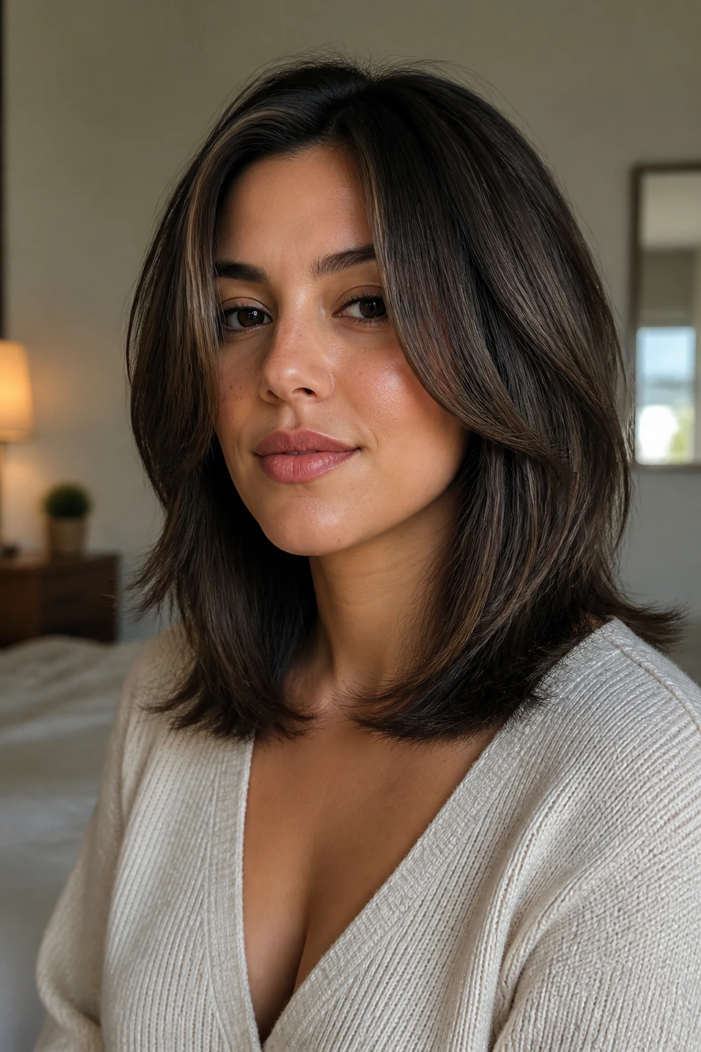 Close-up portrait of a real woman with a lobbed bob and long layers, thick hair framing the face.