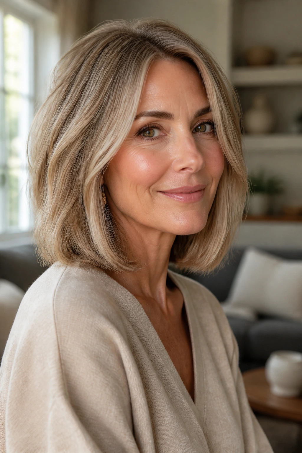 Close-up portrait of a real woman with a collarbone-length lob, showing fullness and shape in natural window light.