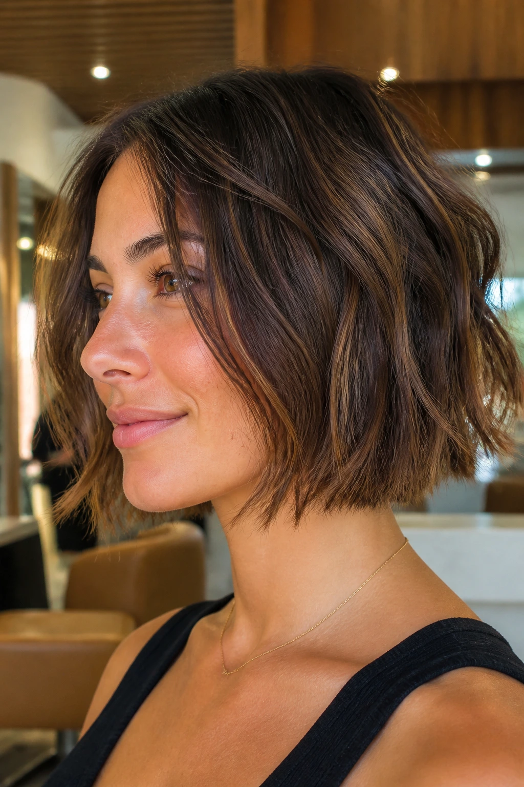 Close-up of a real woman with a jaw-length lob showing choppy texture in a sunlit salon