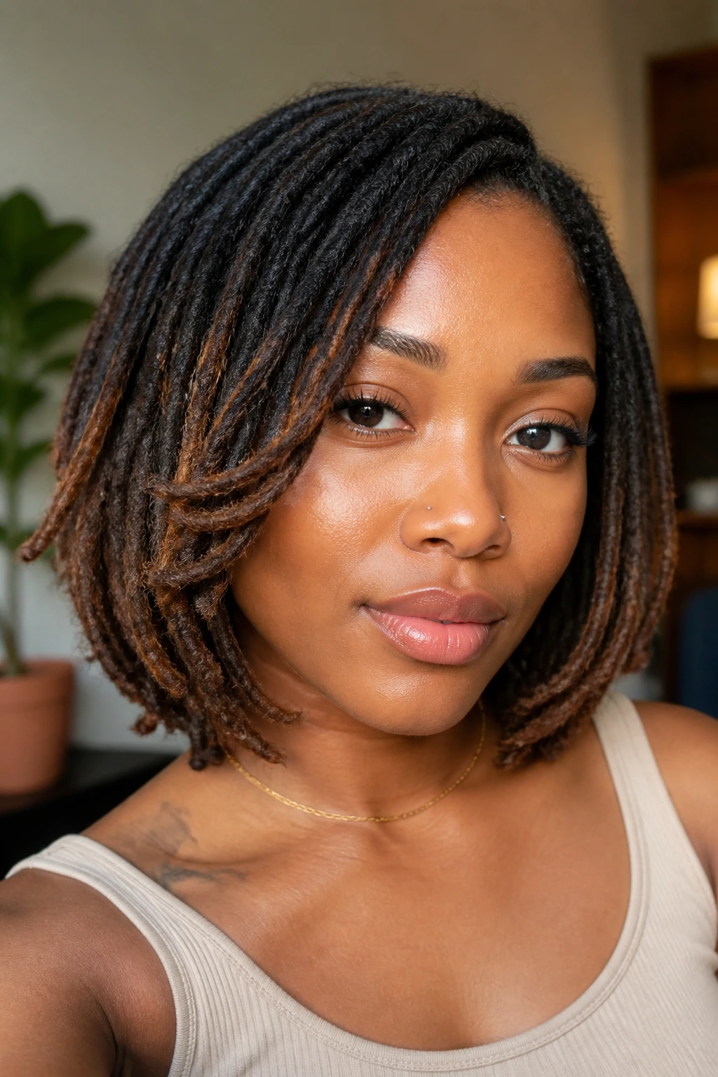 Close-up of a Black woman with a loc bob featuring curved layers