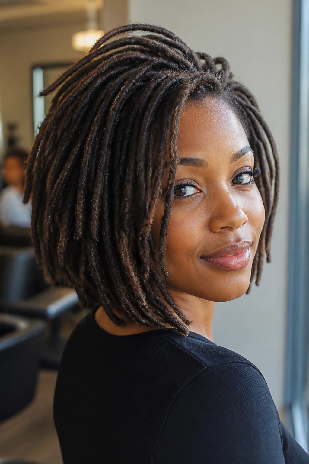 Real person with loc bob and root lift portrait