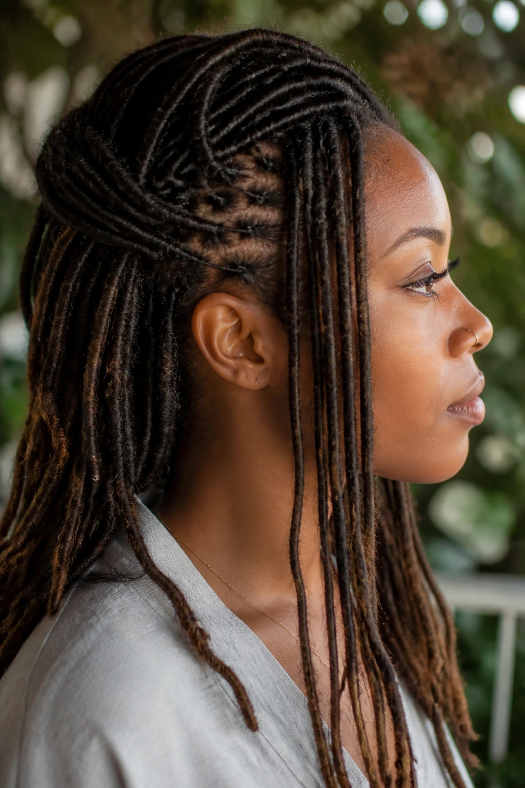 Close-up of locs showing length and density variation