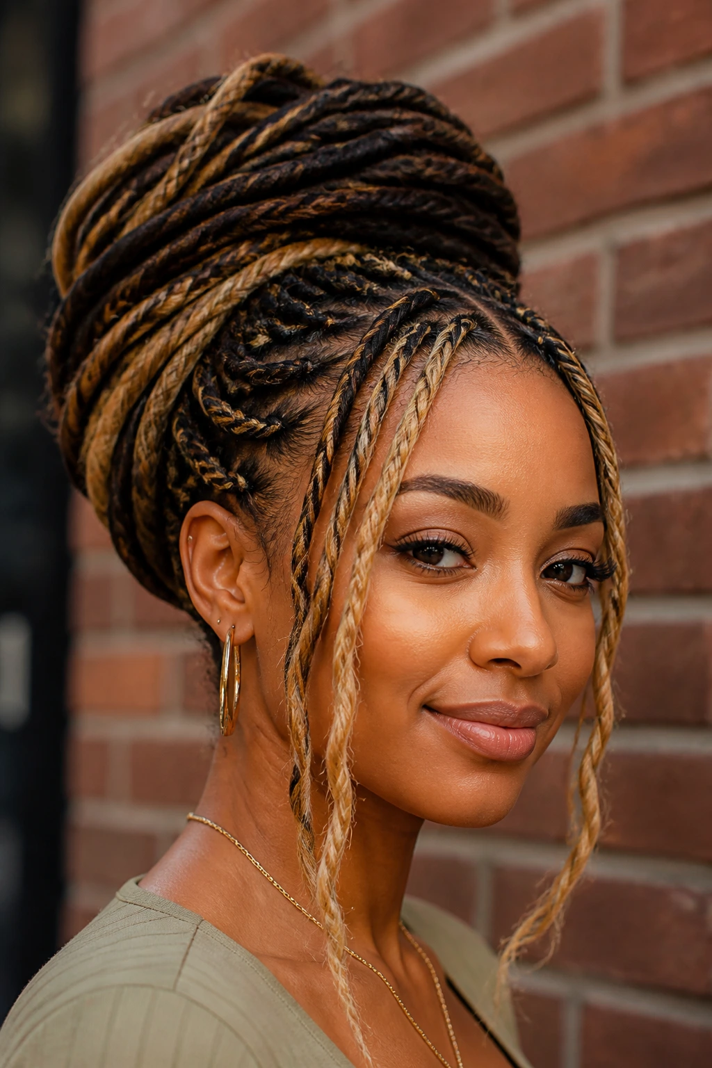 Close-up of loc-style box braid bun with warm blonde front pieces on a real person