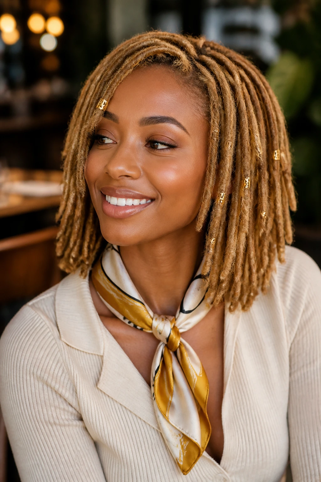Portrait of a real person with blonde locs styled with small gold accessories