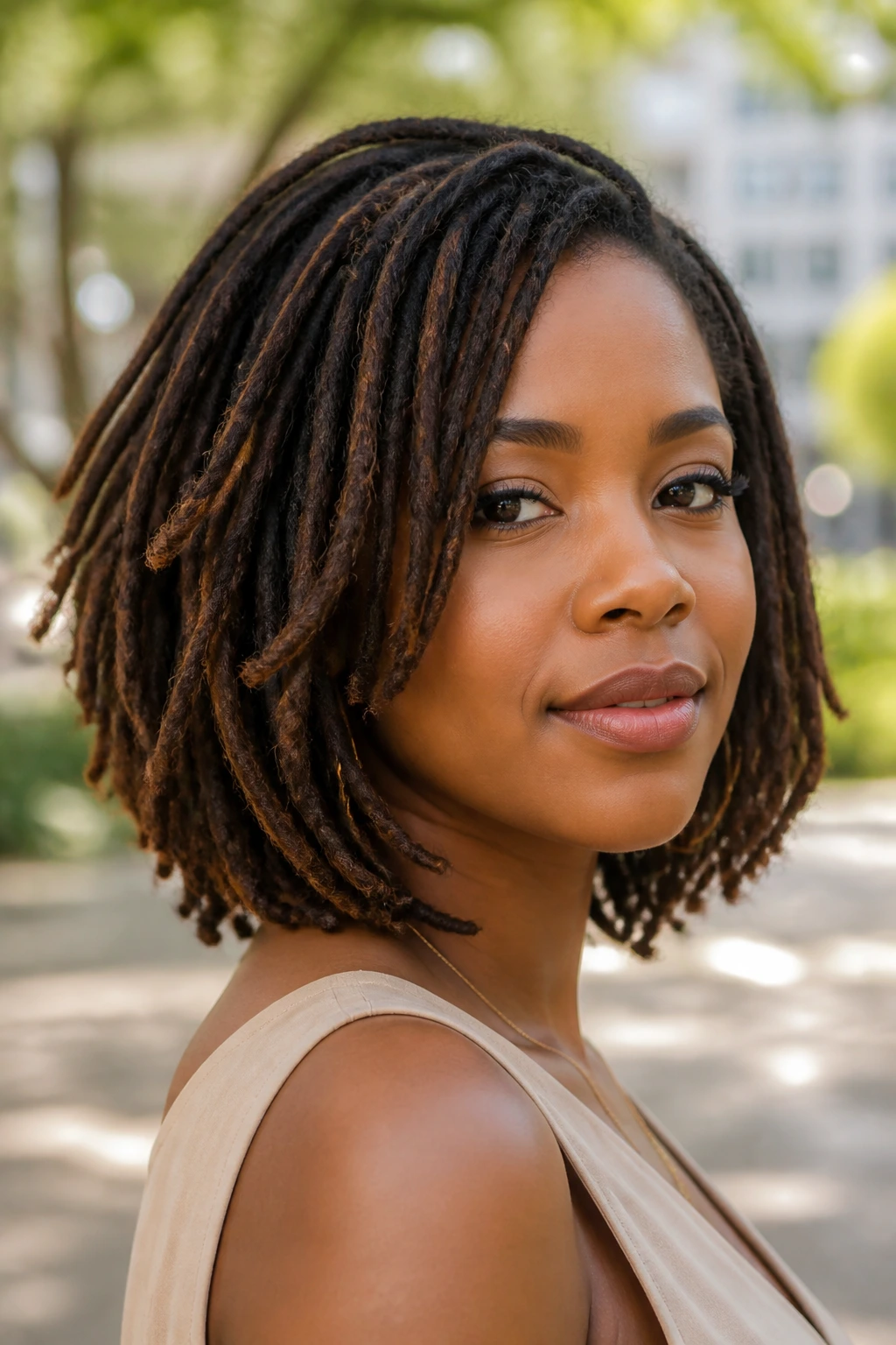 Close-up of a real person with a loc bob and curved layers.