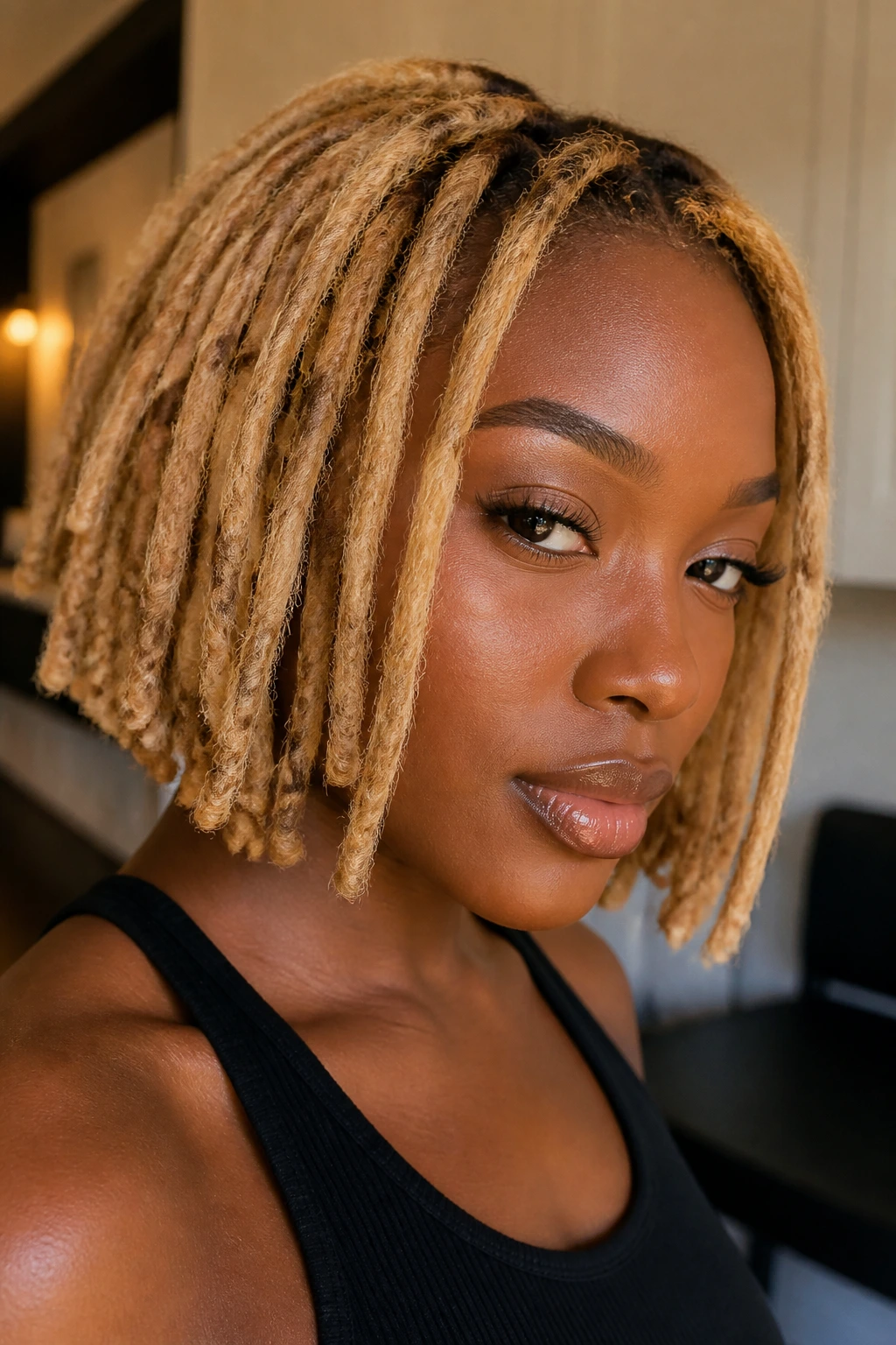 Portrait of a person with golden blonde locs in a bob