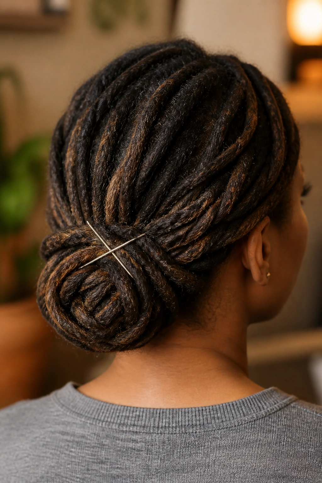 Real person wearing a low tucked bun hairstyle.