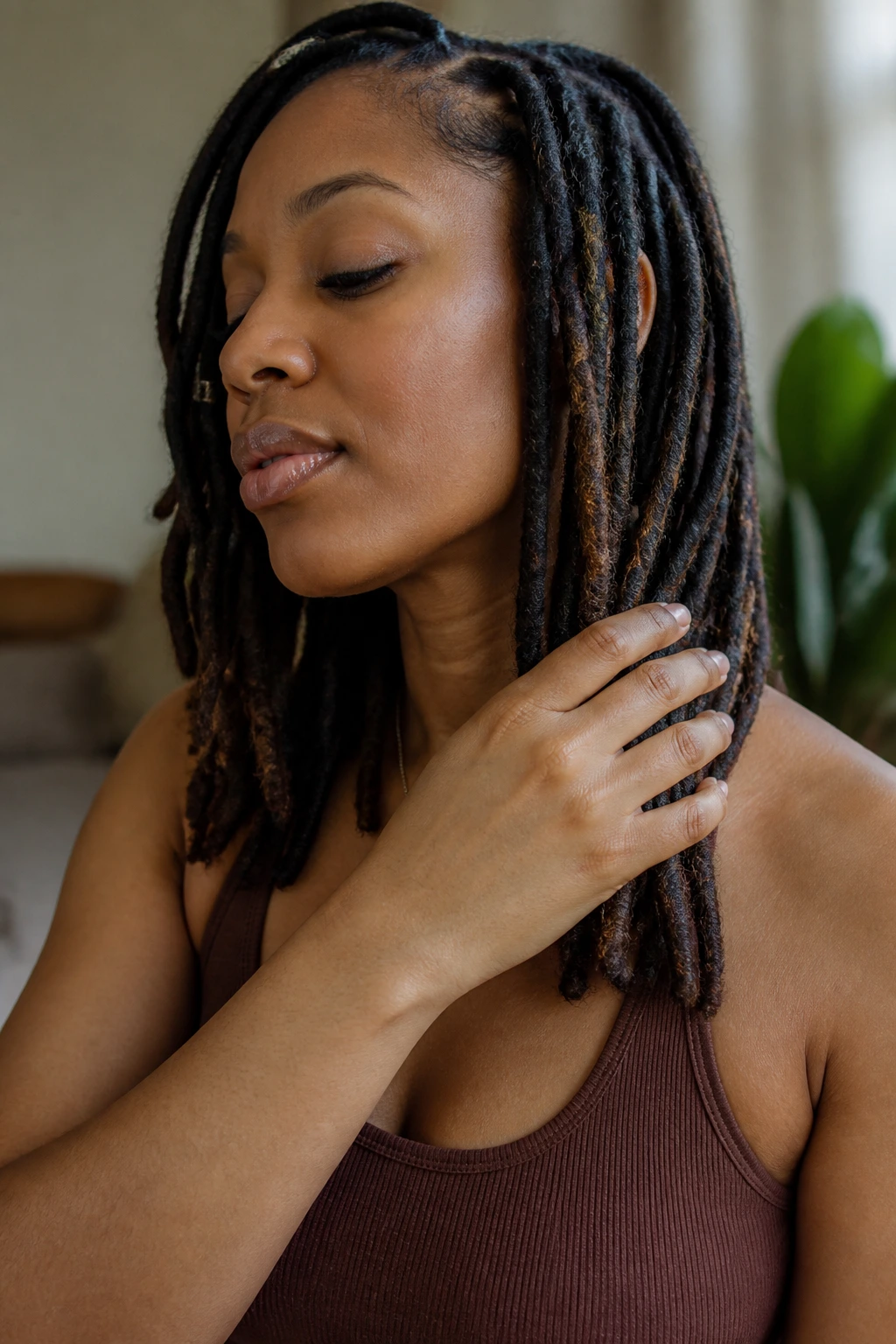 Close-up of person adjusting locs to keep style comfortable