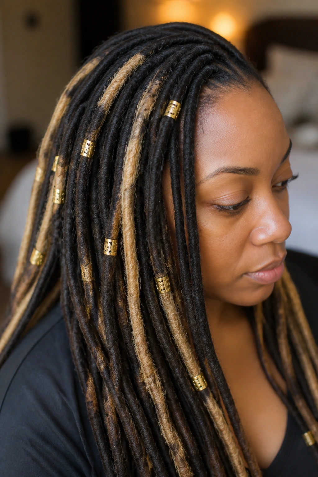 Real woman with locs featuring gold cuffs and blonde highlights