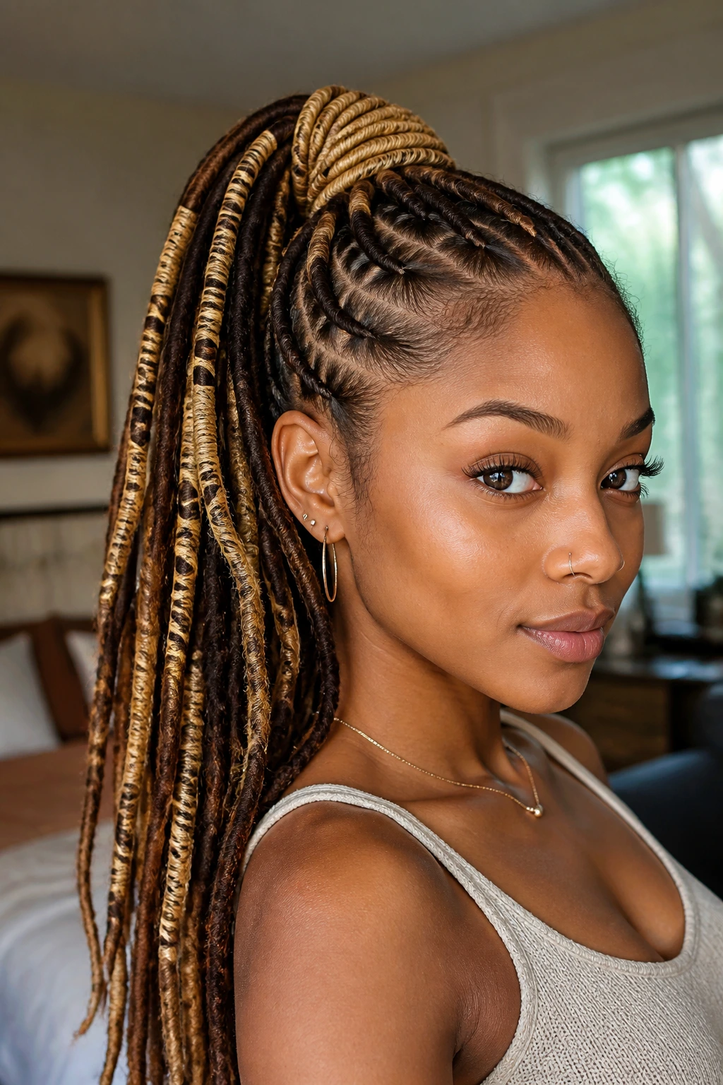 Close-up of a real woman with locs in a honey-blonde wrap ponytail under warm natural light