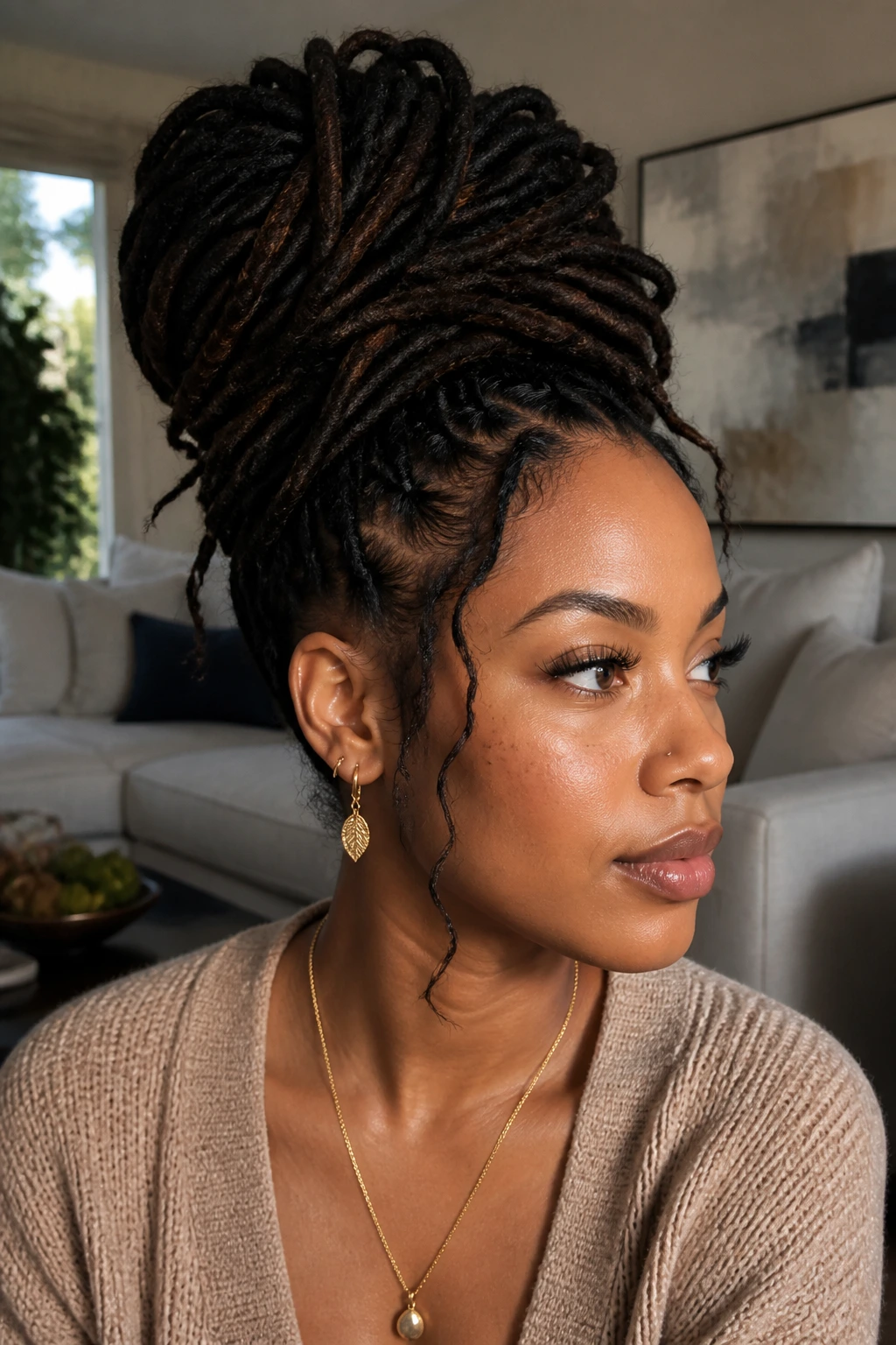 Close-up of a woman with a high-crowned loc updo, showcasing volume at the crown