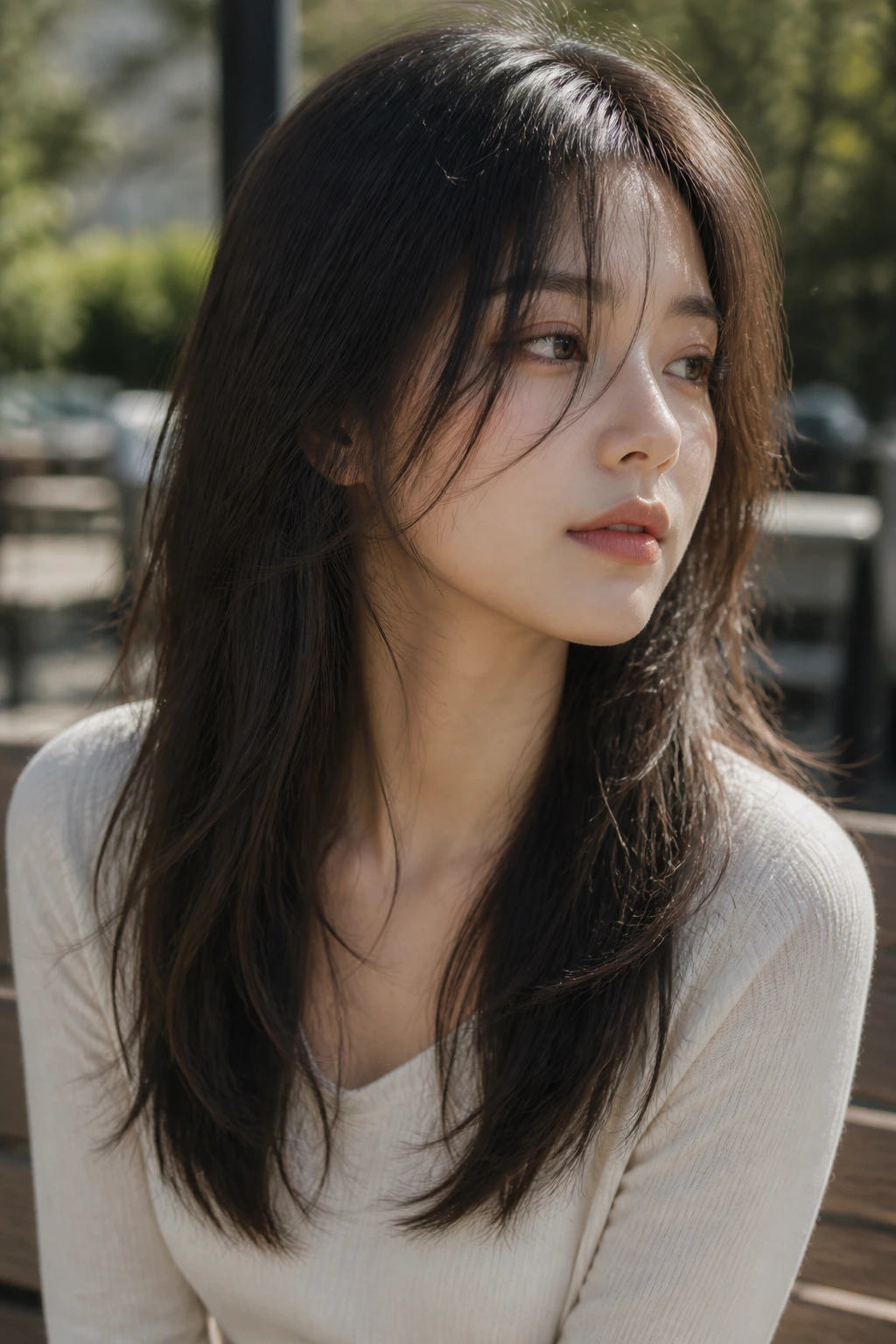 Woman with long airy cut and low-density ends outdoors in daylight
