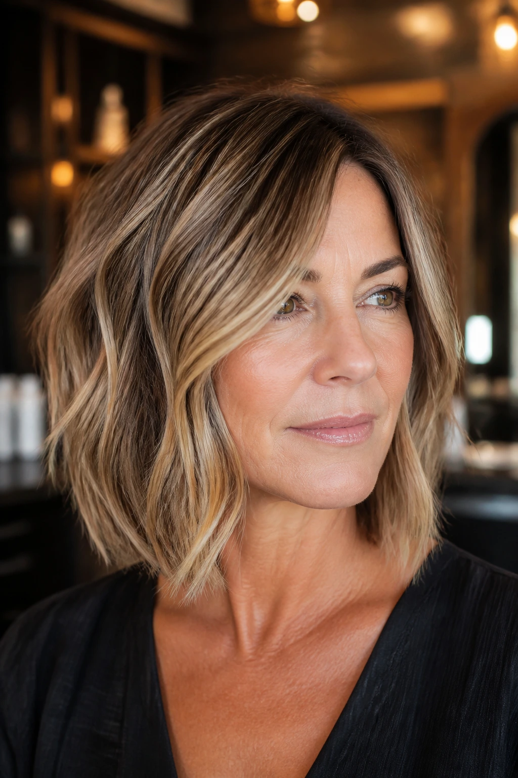 Close-up portrait of a real woman with a long angled bob grow-out