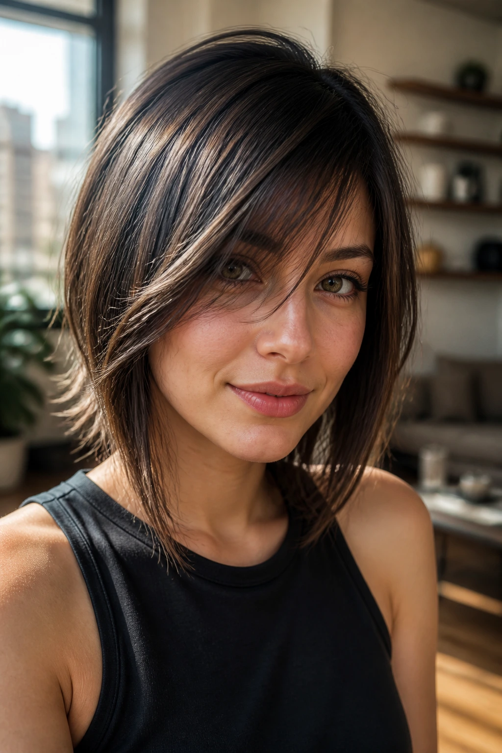 Close-up portrait of a real woman with a long angled fringe