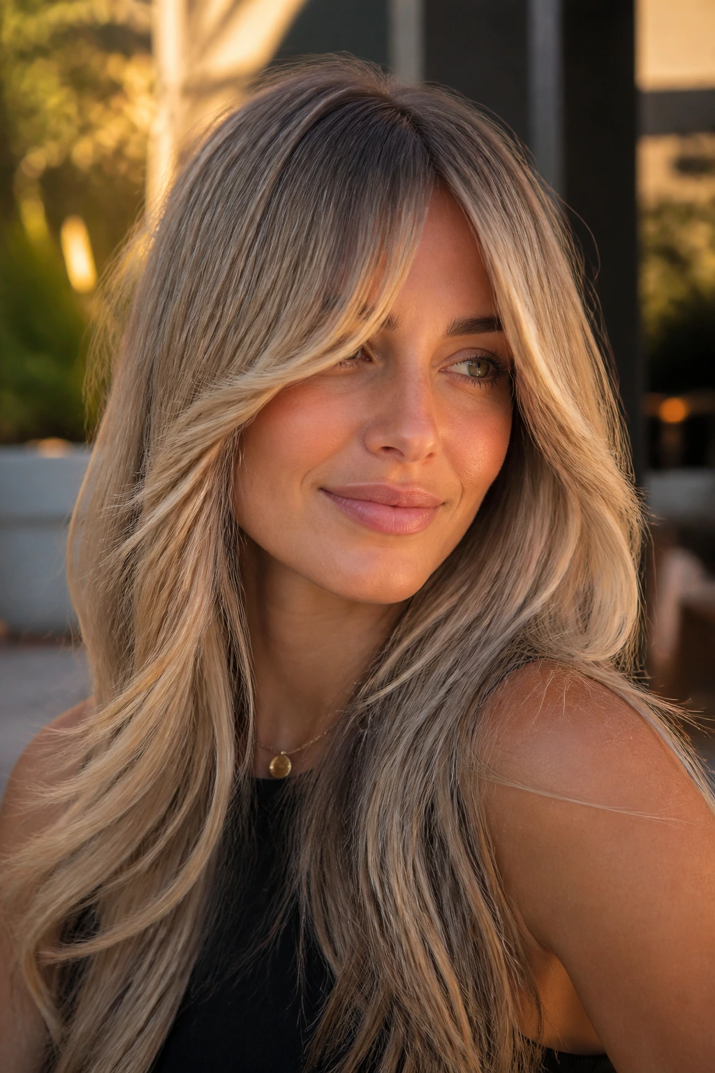 Close-up of a real woman with long arc bangs and balayage highlights on a golden-hour patio