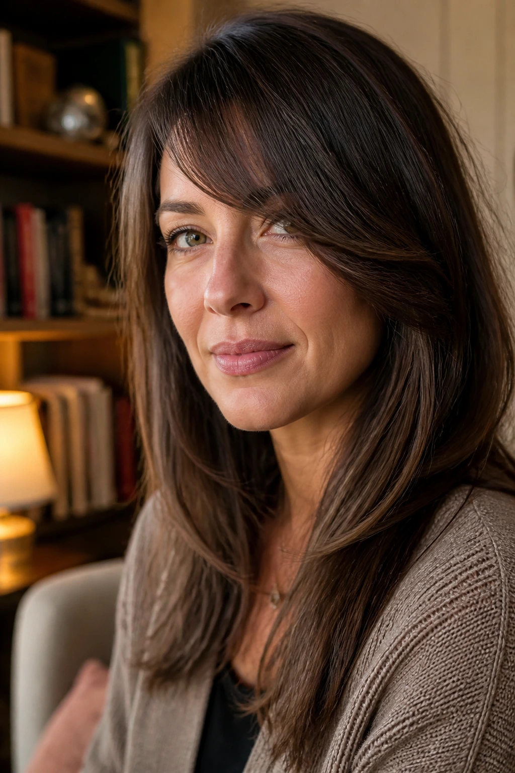 Close-up of a real woman wearing a long arc fringe in a cozy reading nook with warm light