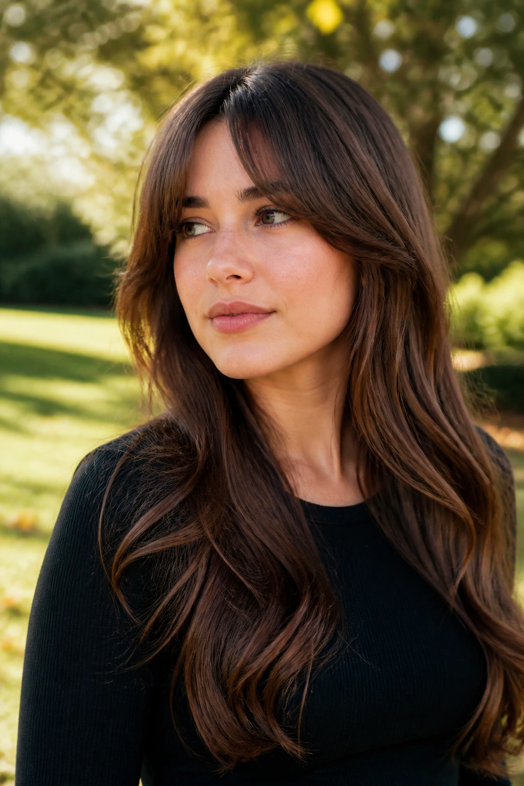Portrait of a real person with long arched bangs in a sunlit park