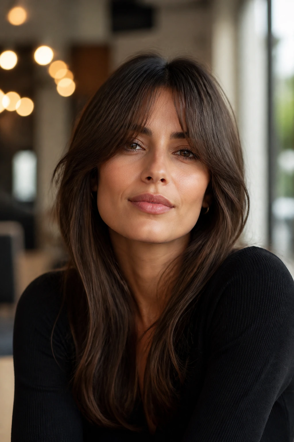 Close-up of a real woman with a long arched fringe softening the jaw