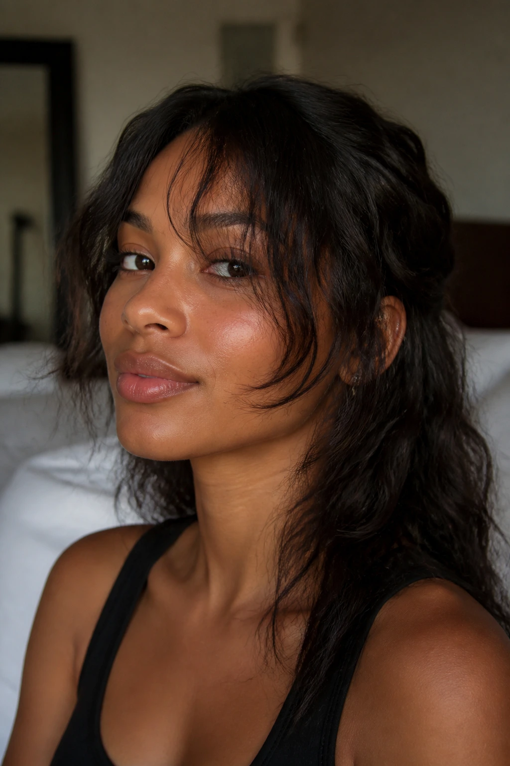 Close-up of a real Black woman with wavy hair and long bangs brushing the cheekbone in natural light
