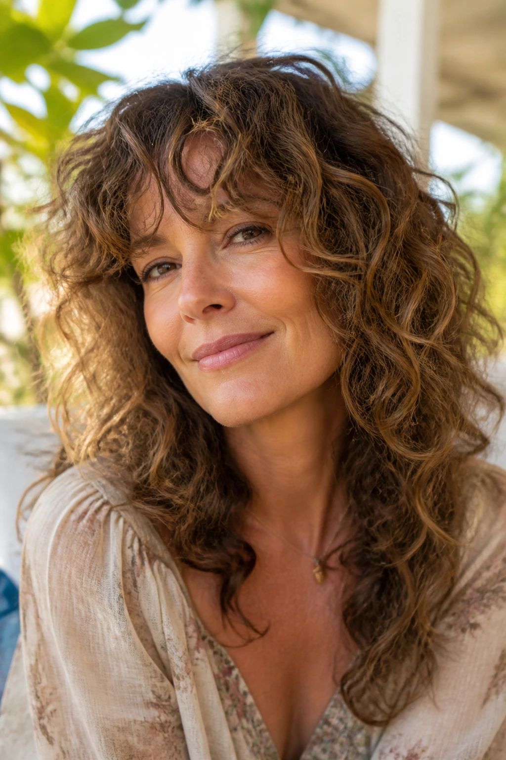 Close-up of a real woman with long curly bangs blending into curls in daylight