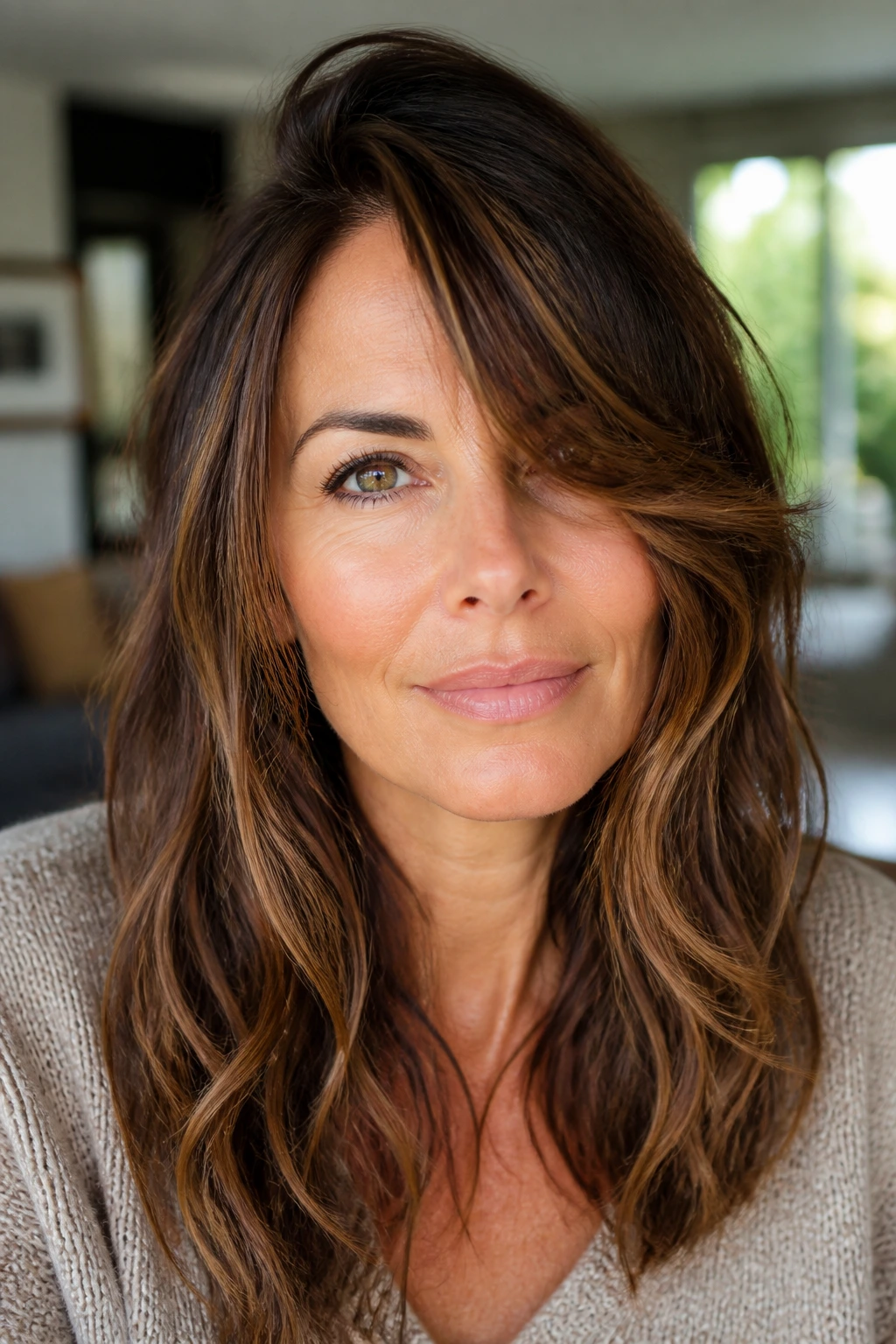 Close-up of a real woman with long bangs and a deep side part