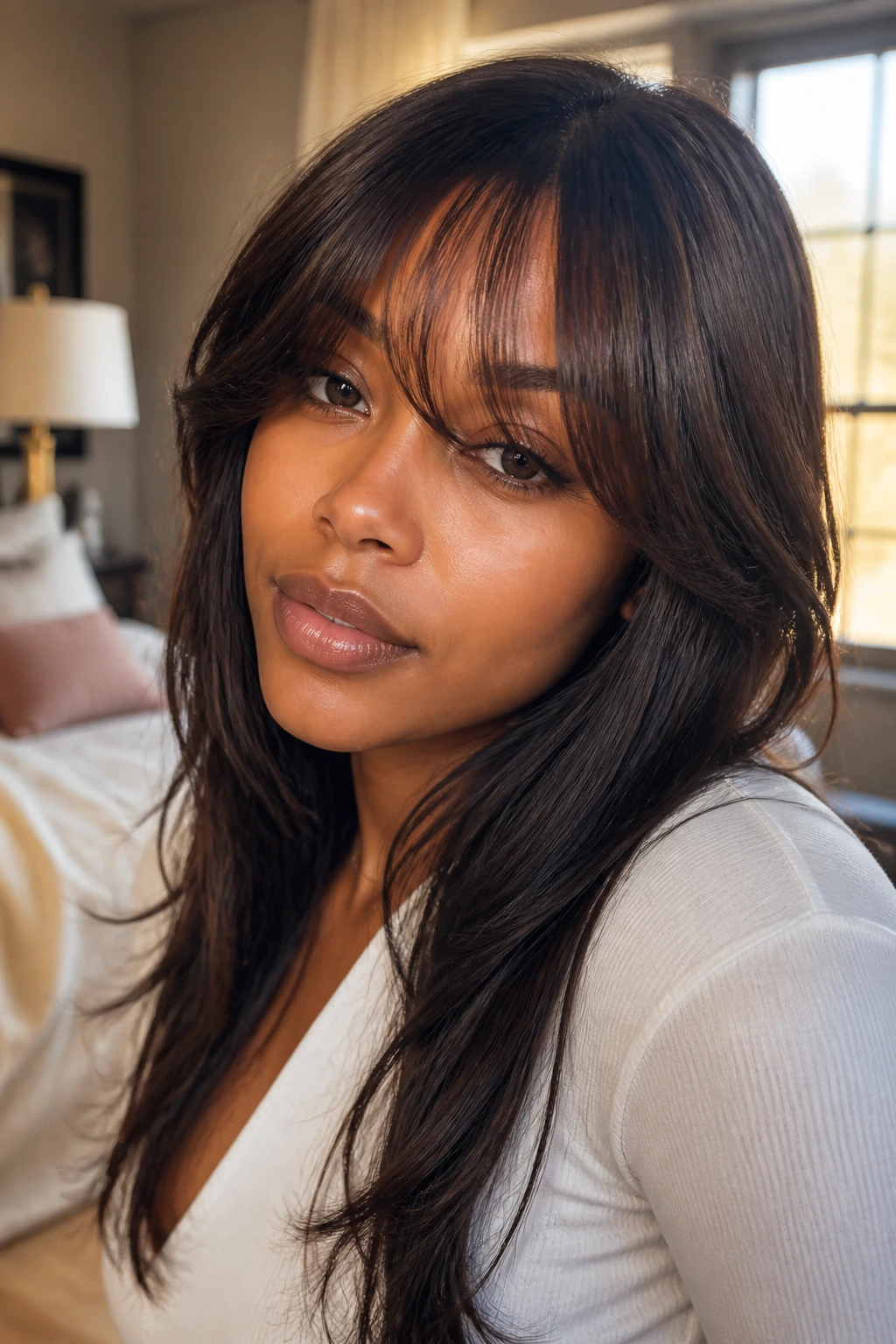 Close-up of long bangs on fine hair on a real Black woman, natural light