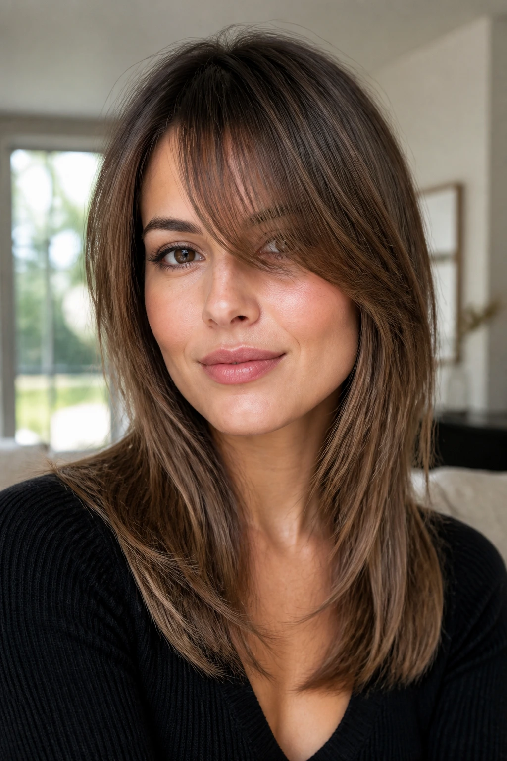 Close-up of a real woman with long side-swept bangs illustrating the concept