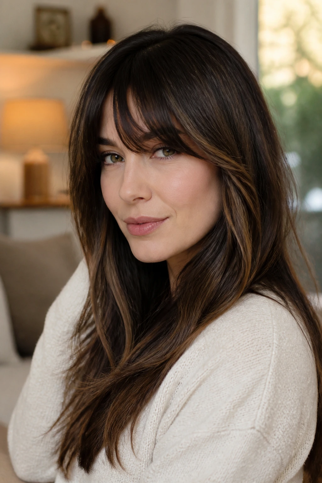 Real woman with long bangs and hidden highlights framing the face.