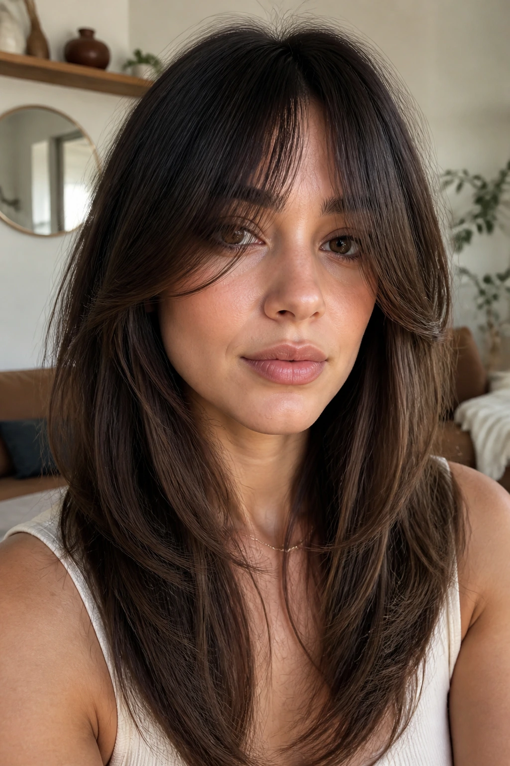 Close-up of a real woman with long bangs and invisible layers at the ends
