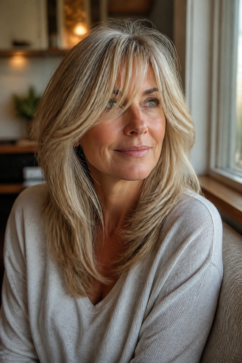 Close-up of a real woman with long bangs and soft layered hair