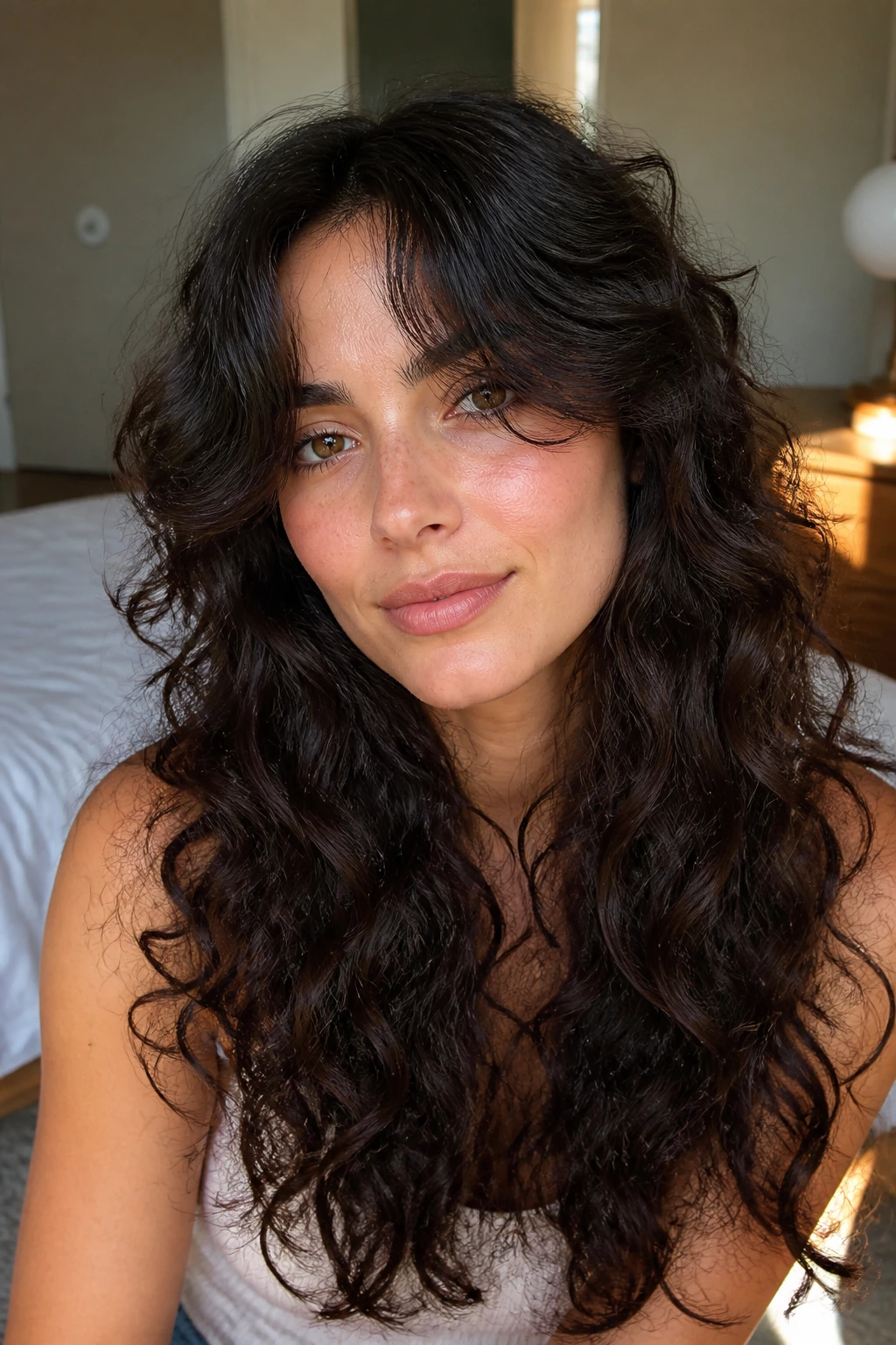 Close-up of a real woman with long soft bangs and minimal layers