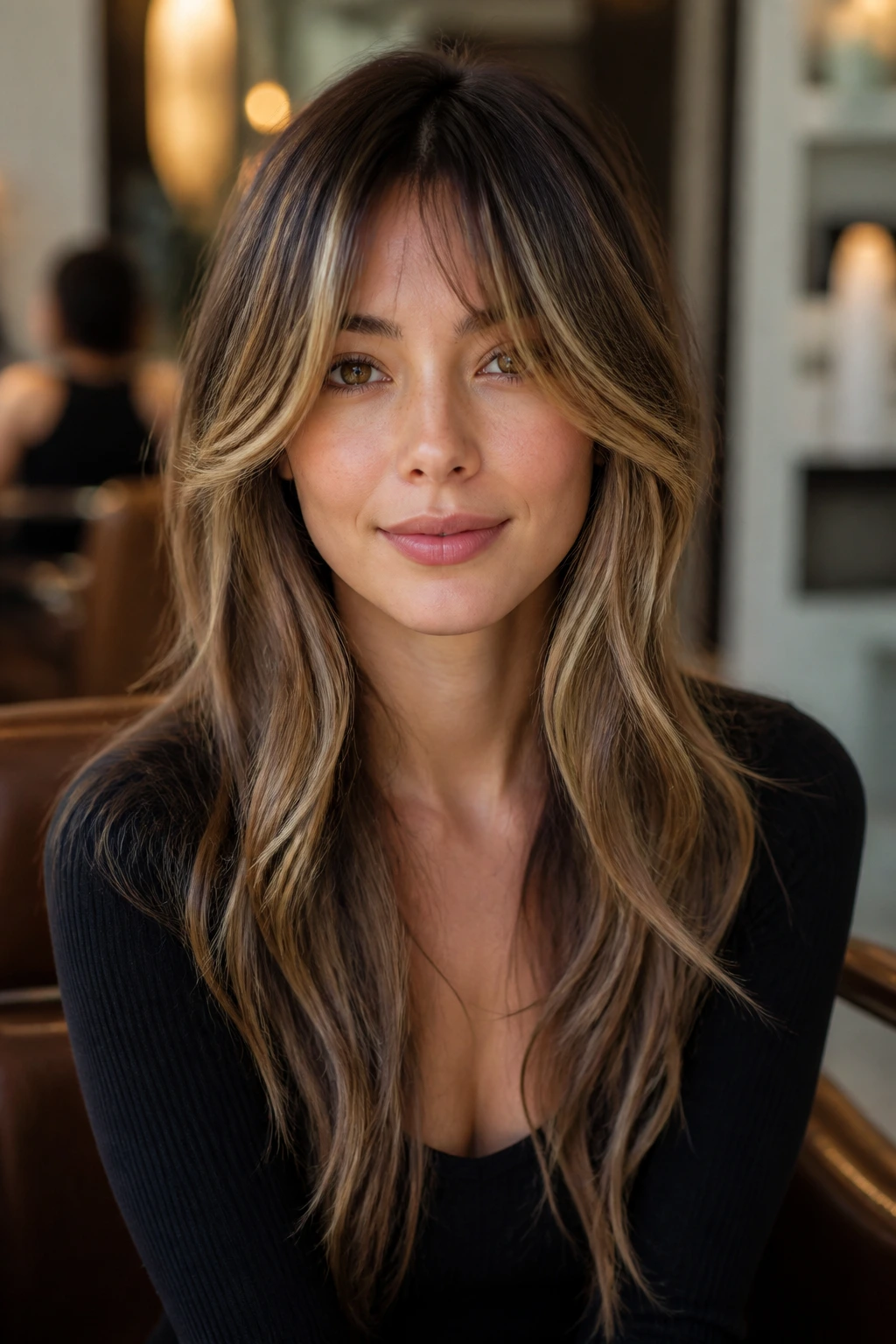 Close-up of a woman with long bangs and money-piece highlights in a chic salon