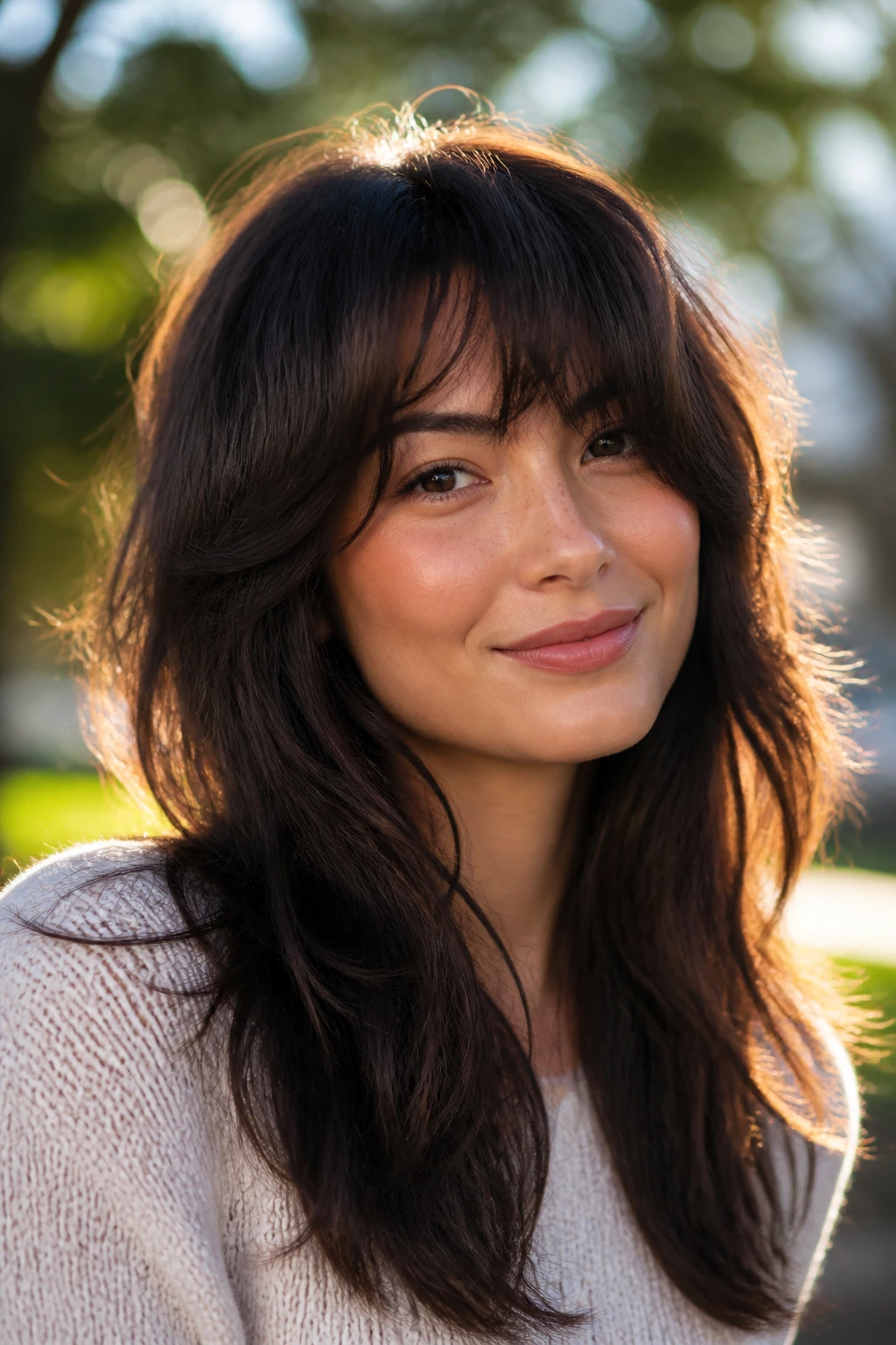 Close-up of a real woman with long shag bangs showing movement
