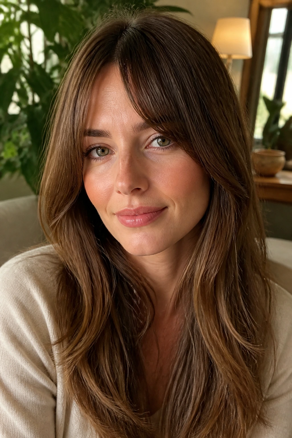 Portrait of a real woman with long bangs framing an oval face
