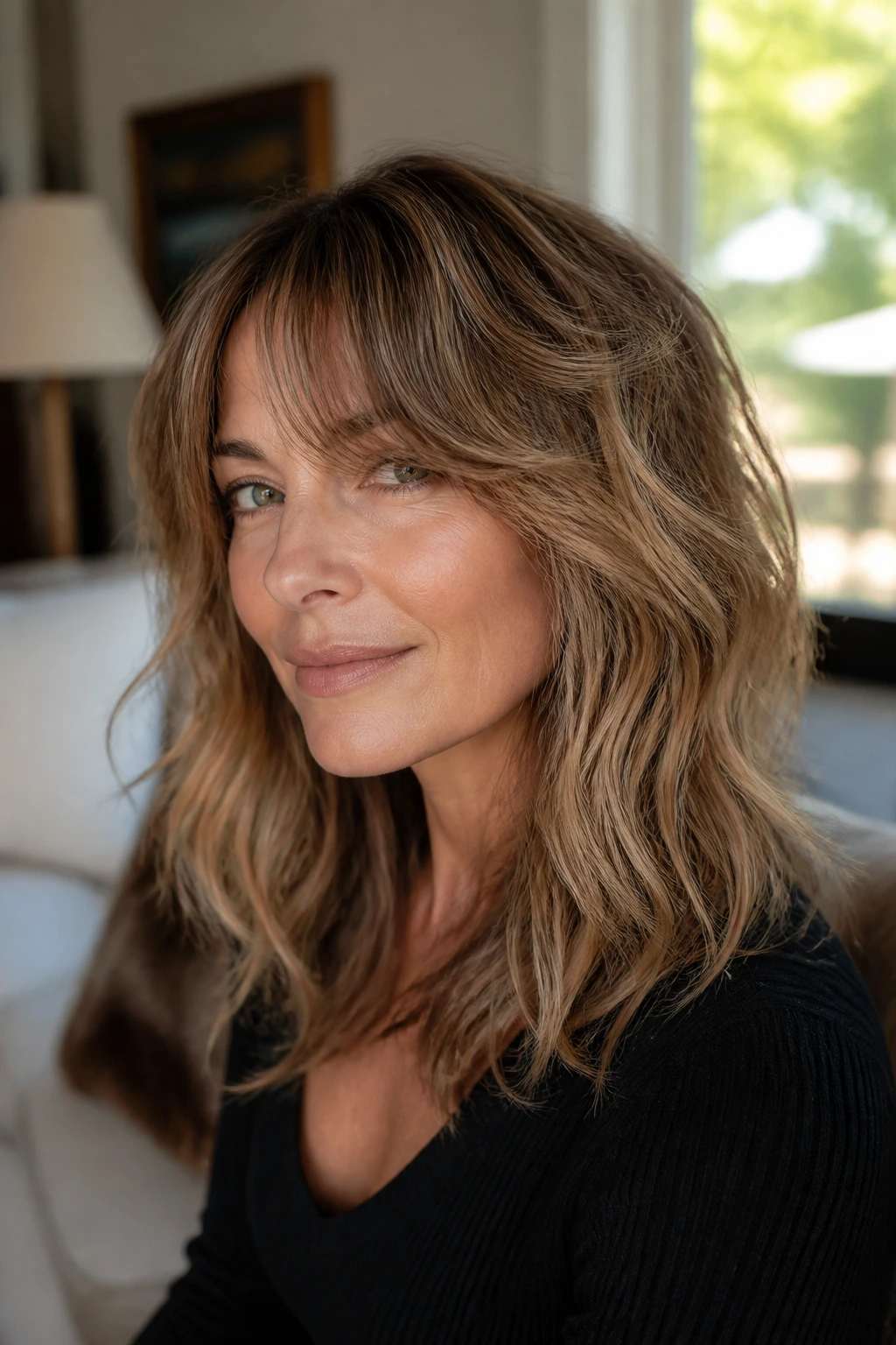 Close-up of a real woman with long layered bangs and a modern shag, textured wavy hair in warm window light