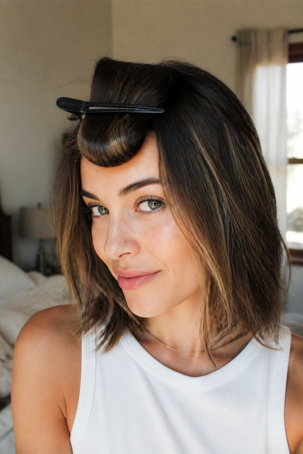 Close-up of a real woman with long bangs being clipped forward to settle.