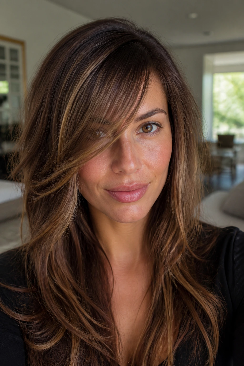 Close-up of a real person with long bangs swept across the forehead and a subtle money piece